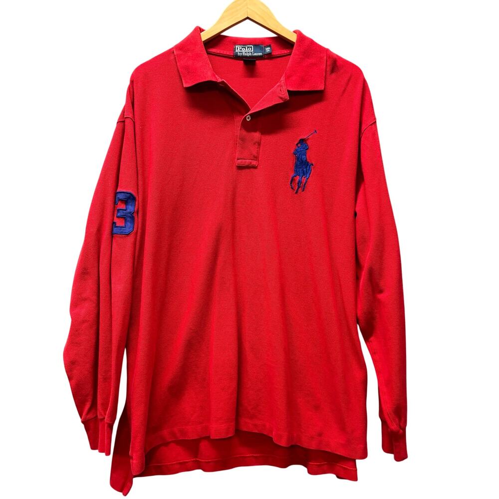 Polo Ralph Lauren Rugby Shirt Red Big Blue Pony Mens‎ 1XB Long Sleeve Vintage